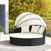 Letto da giardino esterno rotondo Ø187 cm in rattan PE con baldacchino retrattile, divano letto esterno per 2-3 persone, set salotto da giardino con cuscini(Beige)