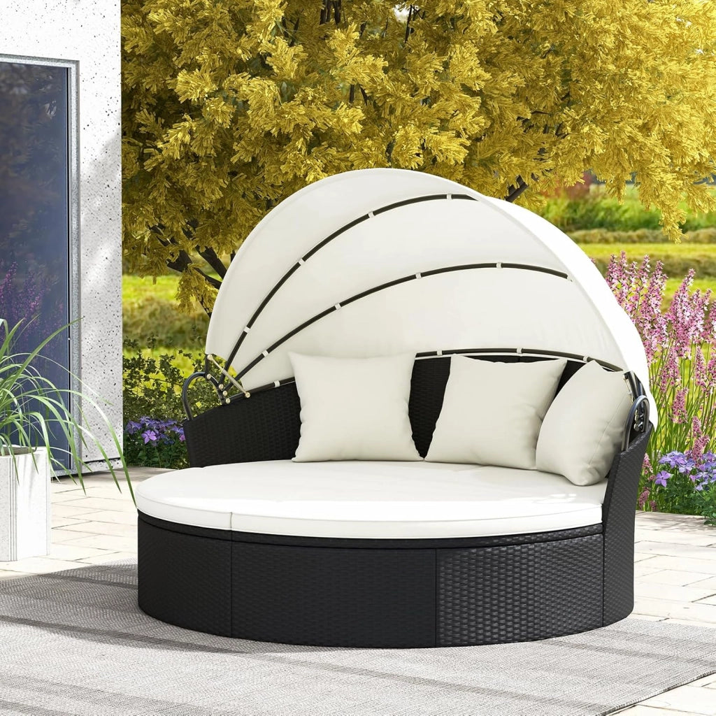 Letto da giardino esterno rotondo Ø187 cm in rattan PE con baldacchino retrattile, divano letto esterno per 2-3 persone, set salotto da giardino con cuscini(Beige)