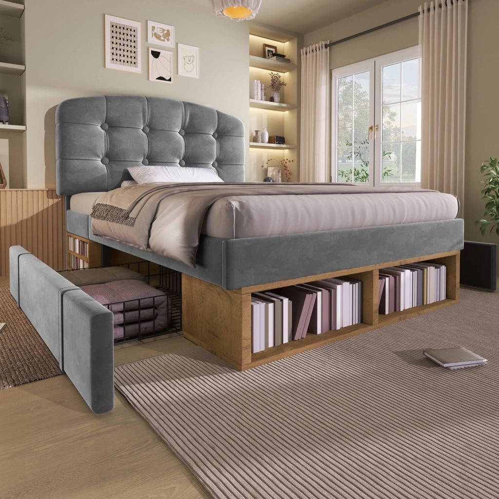 LETTO 90x200 cm Imbottito in Velluto Grigio con Cassetti e Testiera Regolabile