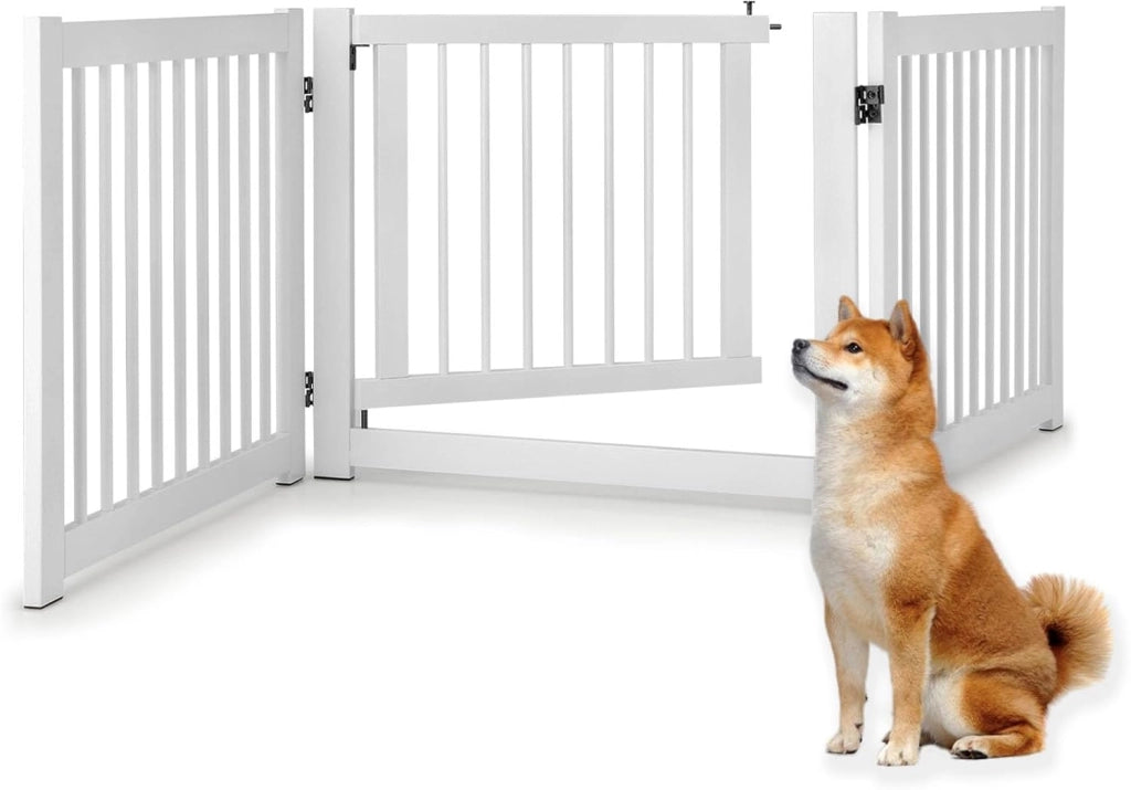 Cancelletto per Cani Pieghevoli 210 x 61 cm, Barriera per Cani in Legno a 3 Pannelli con Porta a Serratura, Recinzione per Scale, Ingressi e Corridoi (Marrone)