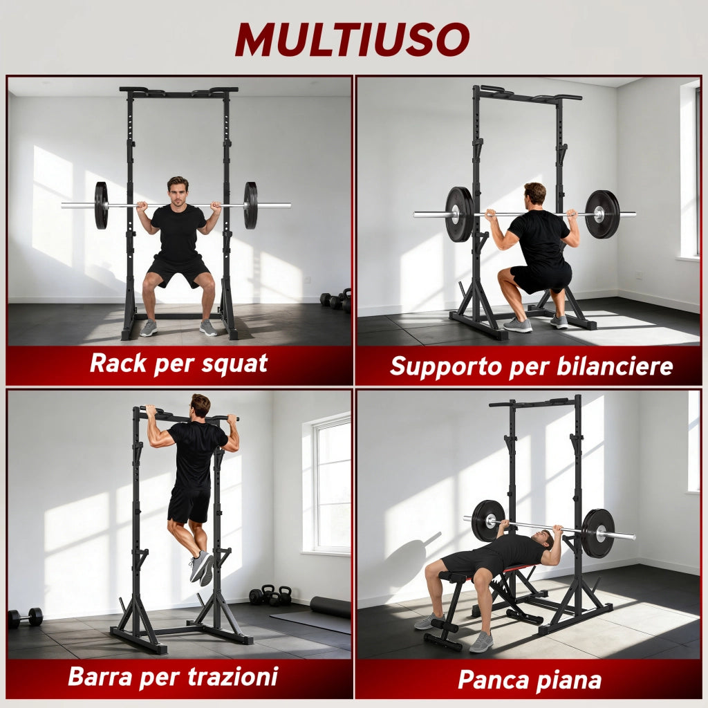 Squat Rack Regolabile con Doppio Supporto, Portadischi e Barra Trazioni, in Acciaio, 112-100x201-217 cm, Nero