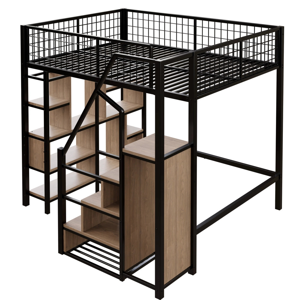 Letto a soppalco multifunzione 140x200 cm in metallo e legno; nero; con scala contenitore e spazio sottostante