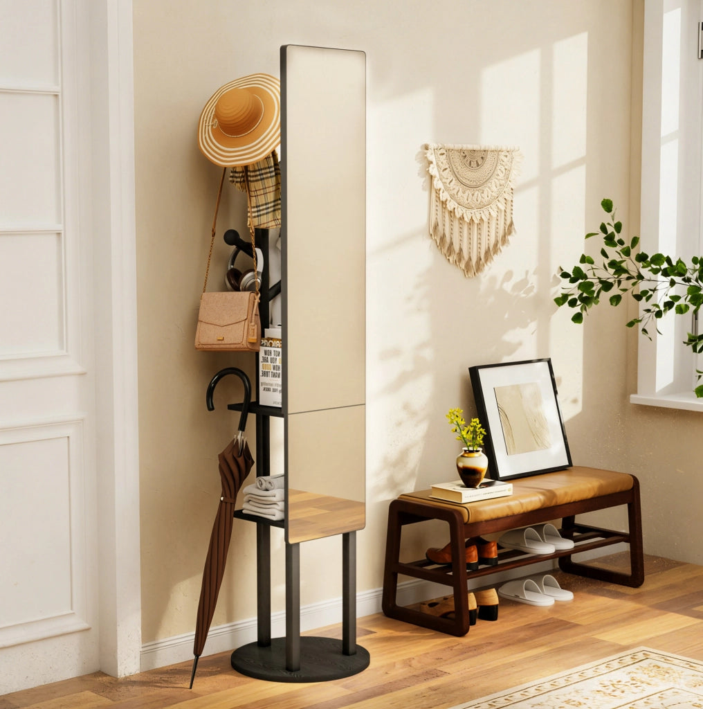 Specchio a figura intera 135x30 cm girevole a 360° con struttura in truciolare e acciaio nero