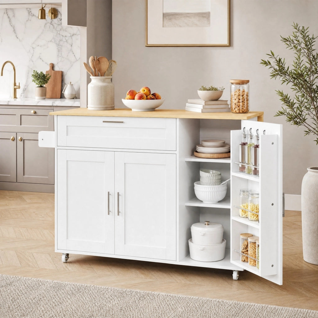 Carrello cucina mobile con piano ribaltabile, 5 ruote e armadi