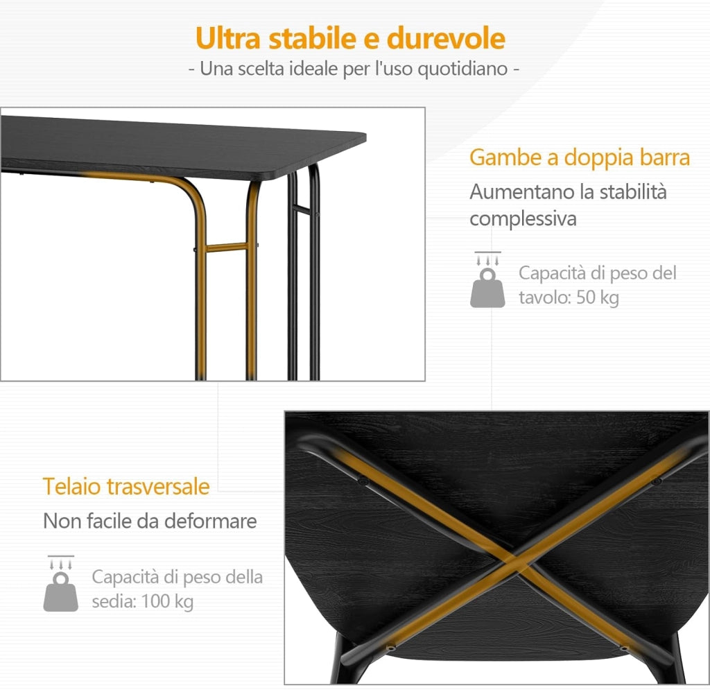 Set da Pranzo con 1 Tavolo e 4 Sedie, Set di Tavolo da Pranzo Salvaspazio di 5 Pezzi, Set Mobili per Cucina, Sala da Pranzo, in Metallo e MDF, Moderno, Nero