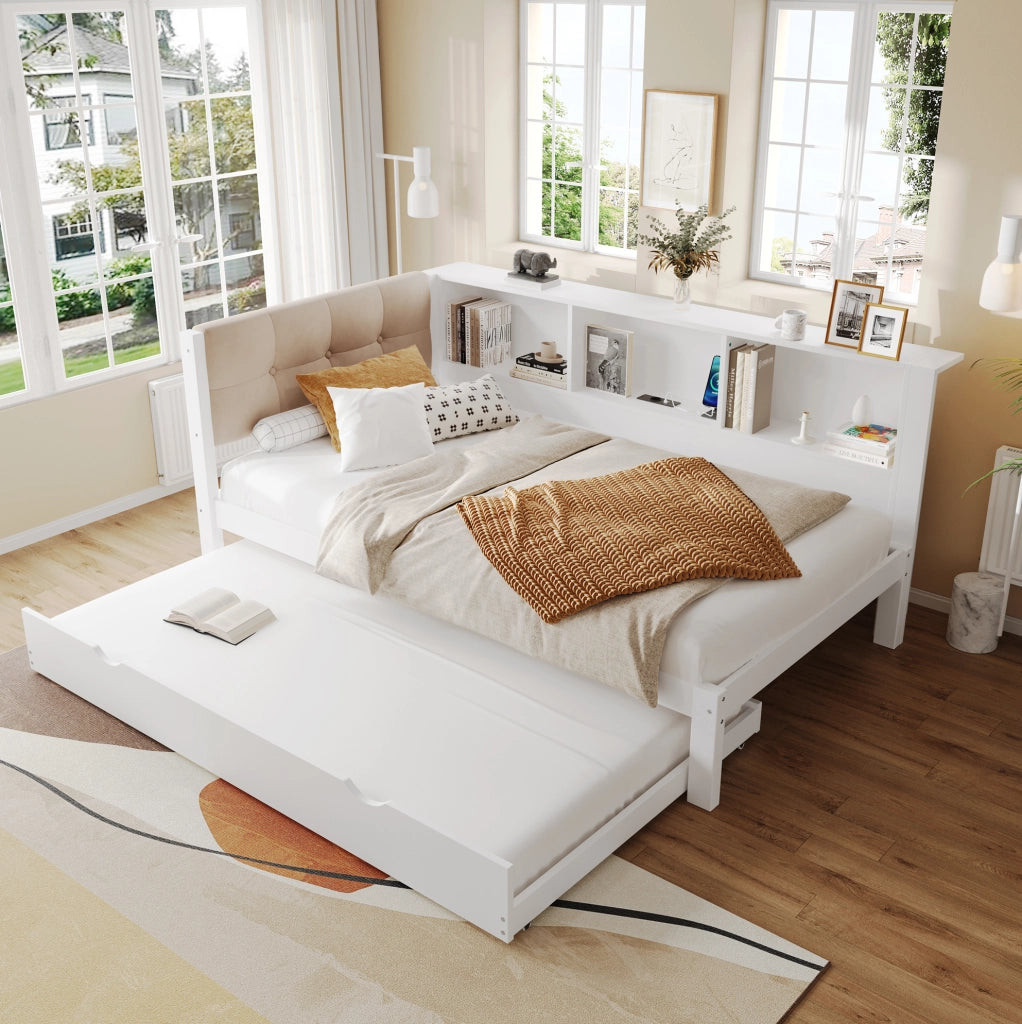 Letto 90x200 cm con letto estraibile; LED e USB in legno bianco