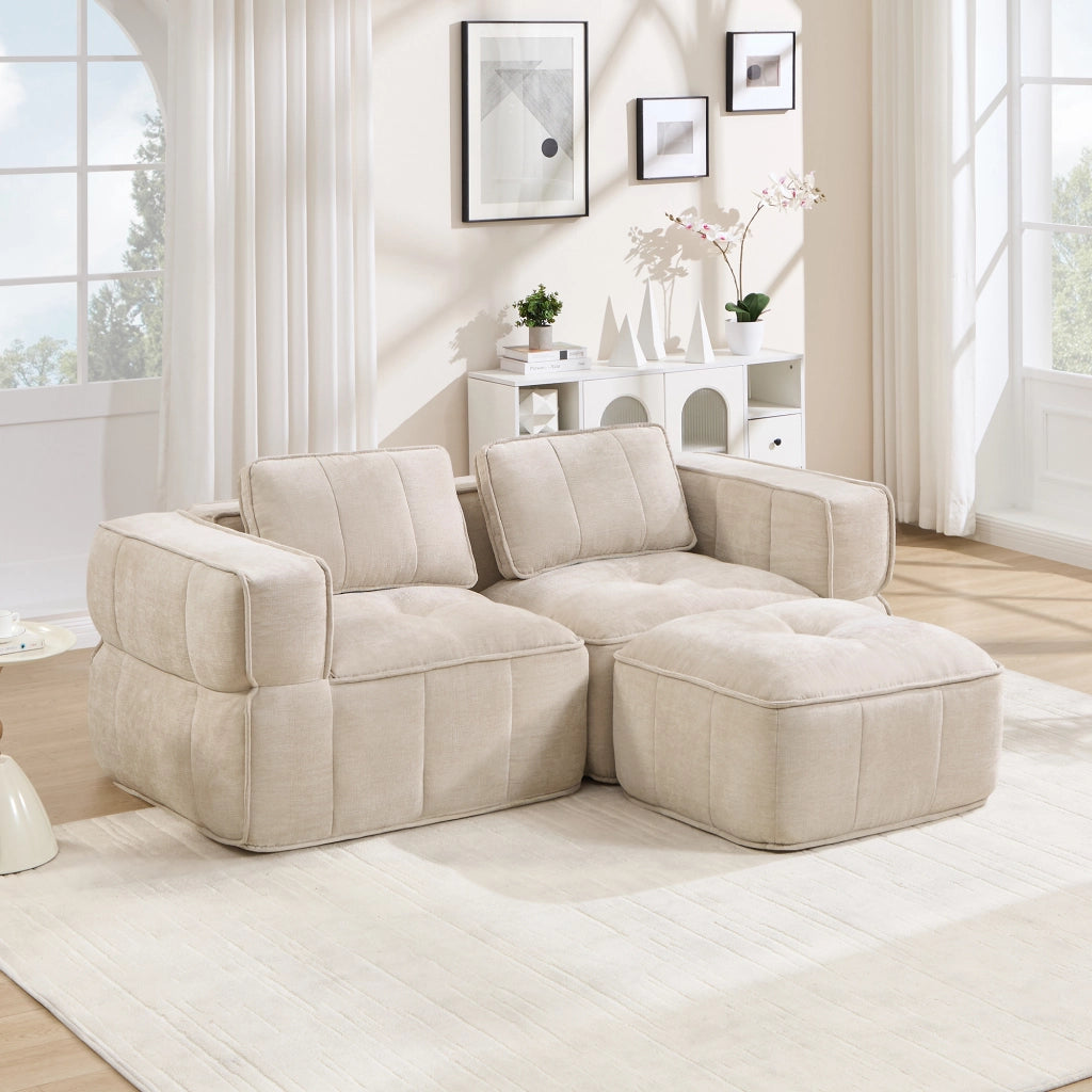 Divano modulare senza struttura con pouf in poliestere, ampia seduta e base antiscivolo per soggiorno beige