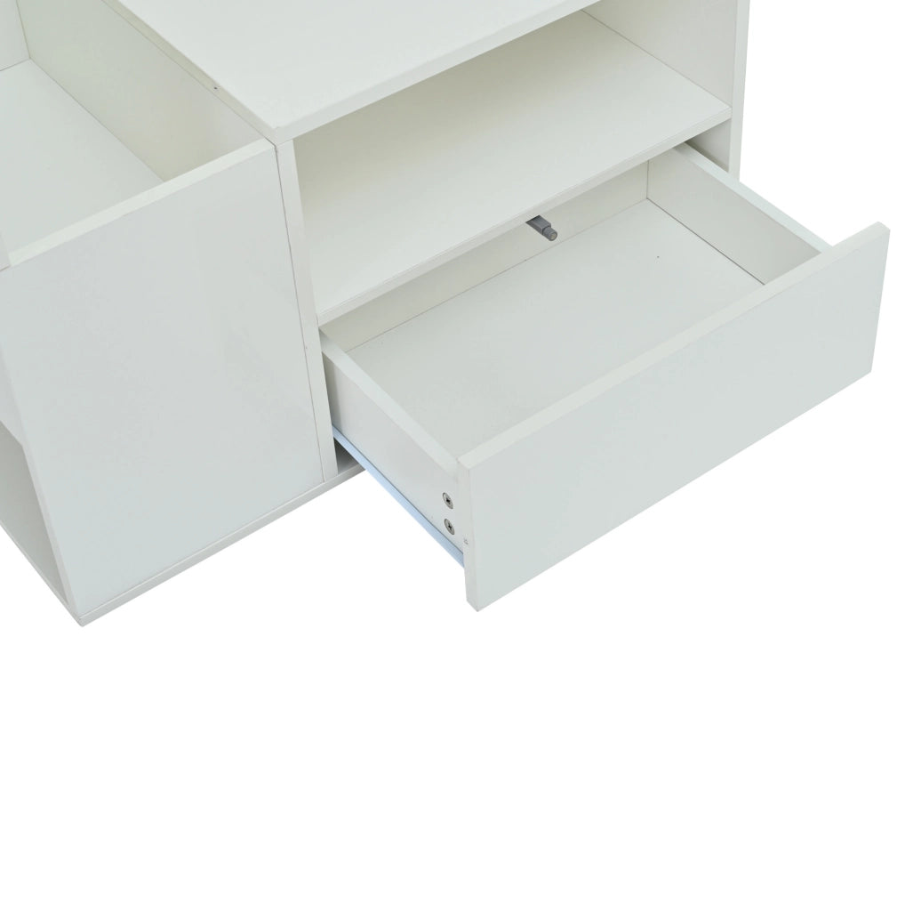 Tavolino da caffè 100 x 50 x 40 cm con LED; 1 cassetto e vani contenitore; bianco lucido
