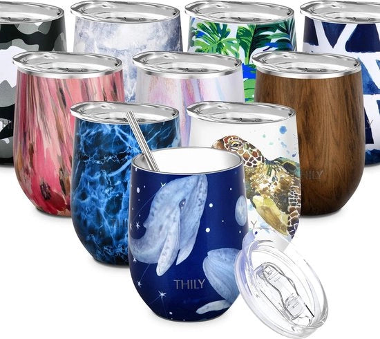 Vaso in acciaio inox triplo isolato 12 oz con coperchio e tappo, mantiene caldo o freddo per vino, caffè, cocktail e bevande