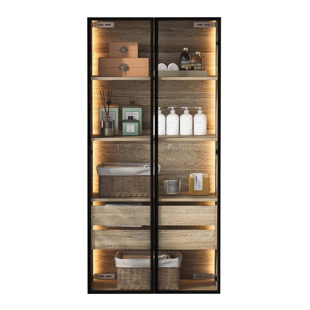 Armadietto da bagno con LED e 2 cassetti, ante in vetro satinato, ripiani aperti, per bagno e camera, naturale, 74 × 36 × 155 cm
