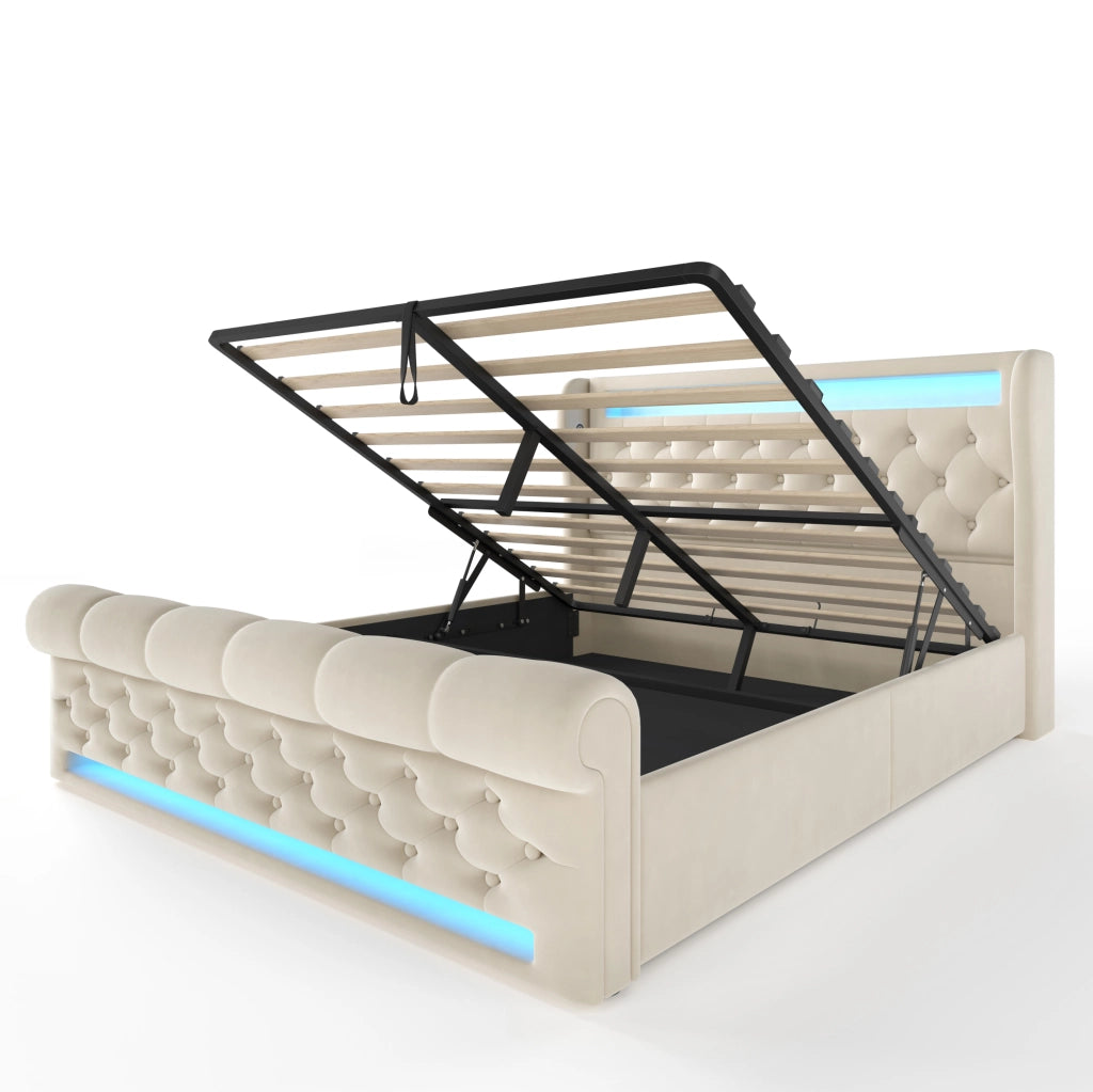 Letto matrimoniale imbottito 160x200 cm in velluto beige con LED; USB e Type-C