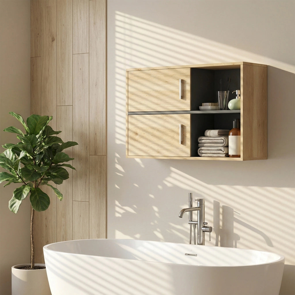 Armadietto Bagno Sospeso con Ante e Ripiani ¨C Minimal ¨C Legno Naturale 80x35x57.5 cm