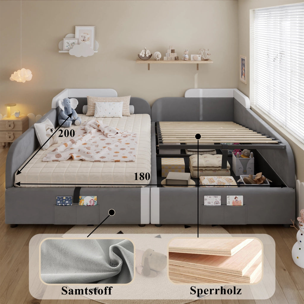 DESMIU Letto combinato 90 × 200 cm 2 posti con contenitore idraulico e tasca, senza materasso, velluto grigio