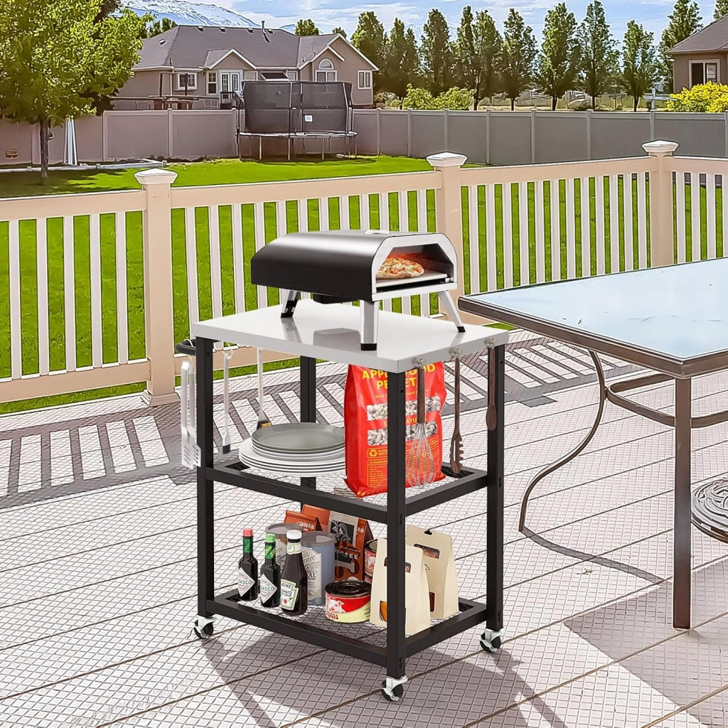 Carrello Grill da Esterno a 2/3 Piani, Supporto per Forno per con Piano e Maniglia in Acciaio Inossidabile, Carrello per Barbecue con Ganci e Ruote, Multiuso(3 Livelli)