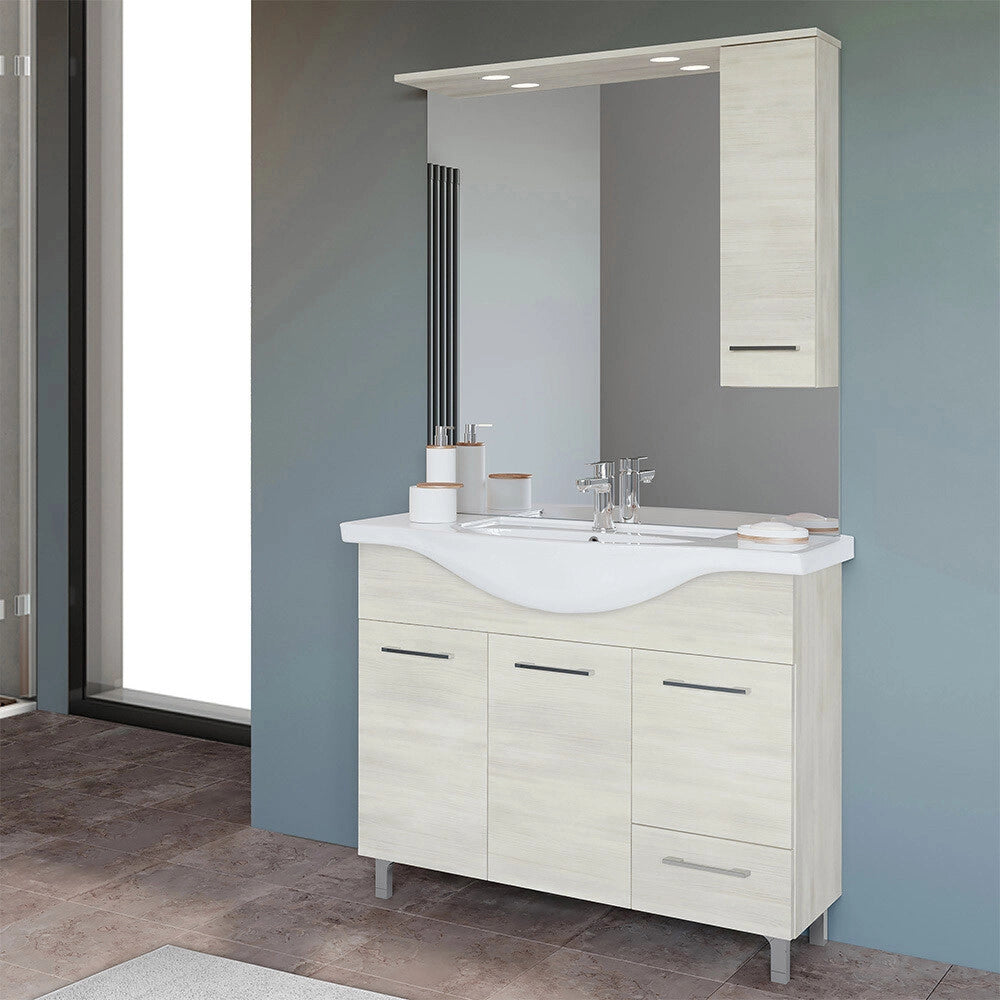 Mobile da Terra 105 cm in rovere ghiaccio completo di specchio con pensile e LED
