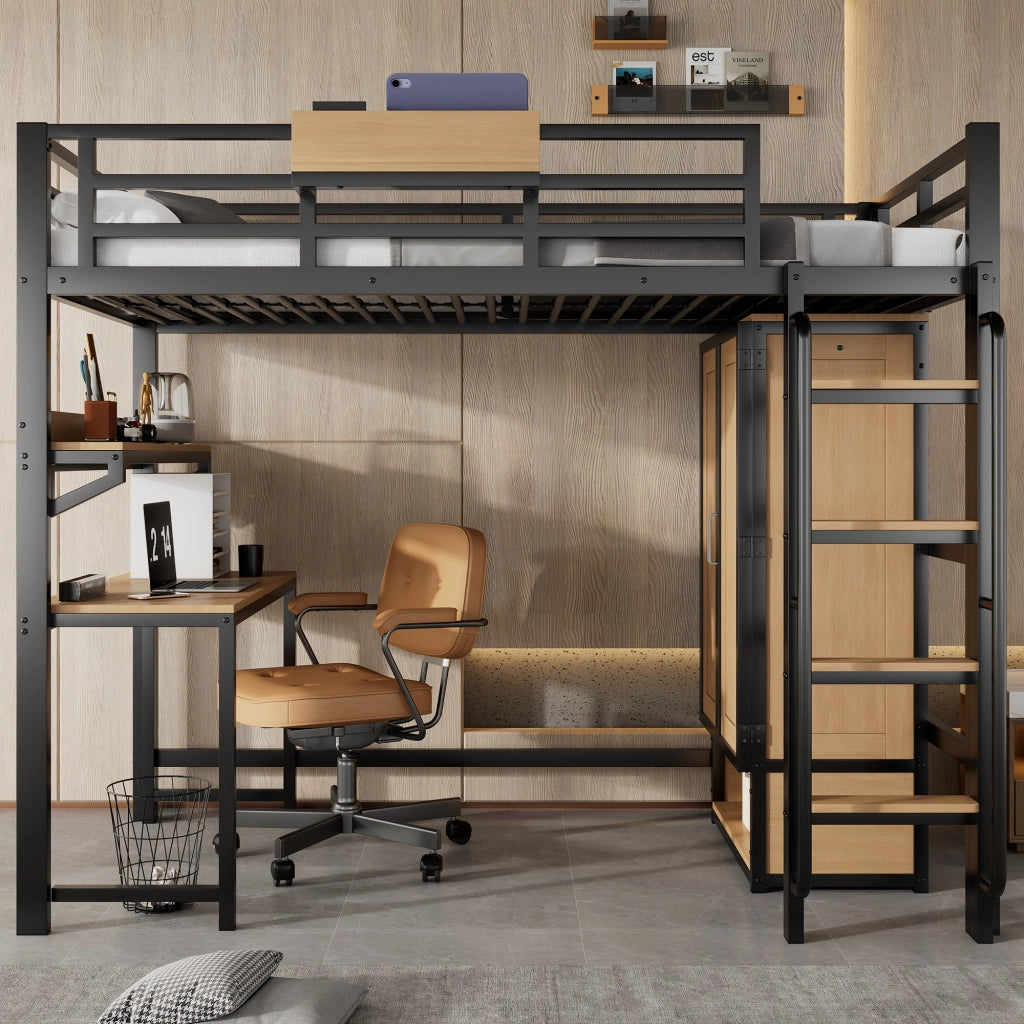 Letto alto ferro armadio doppia porta scala corrimano scrivania nicchie ferro MDF nero naturale 90x200 cm