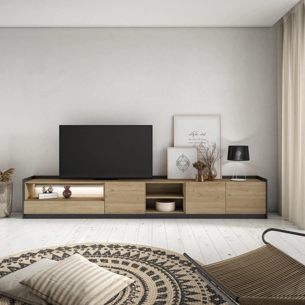Mobile TV Soggiorno, 310x50x37 cm, Per TV fino a 80", LED, Rovere e nero