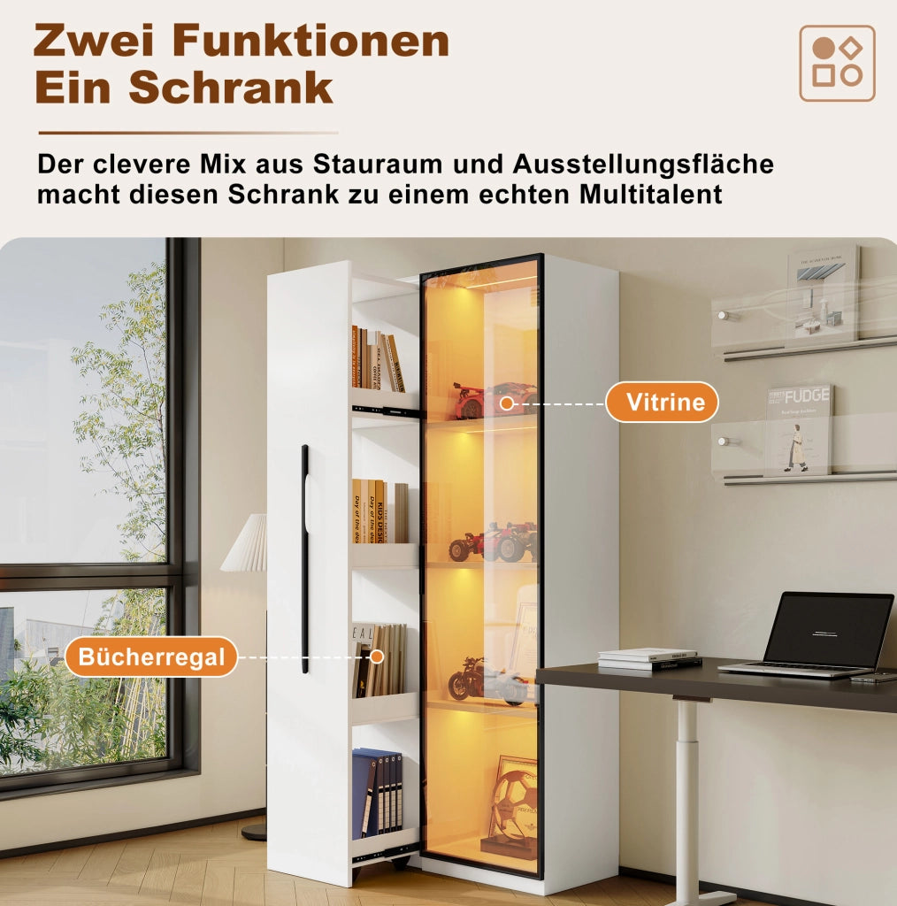 Vetrina multifunzione bianca con libreria estraibile e LED