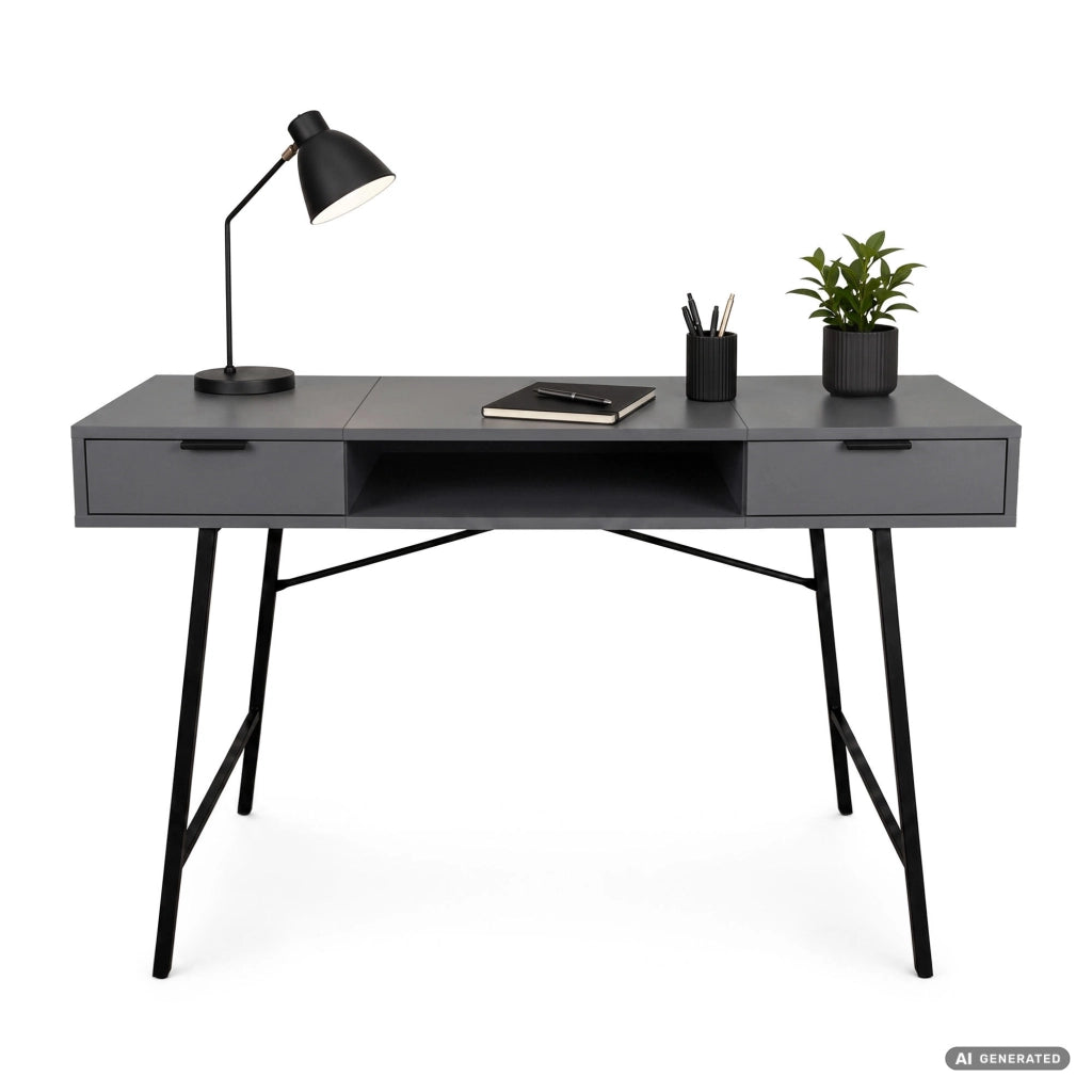 Scrivania industriale per computer Grafite ARDEN 120 cm 2 cassetti 1 ripiano gambe nere
