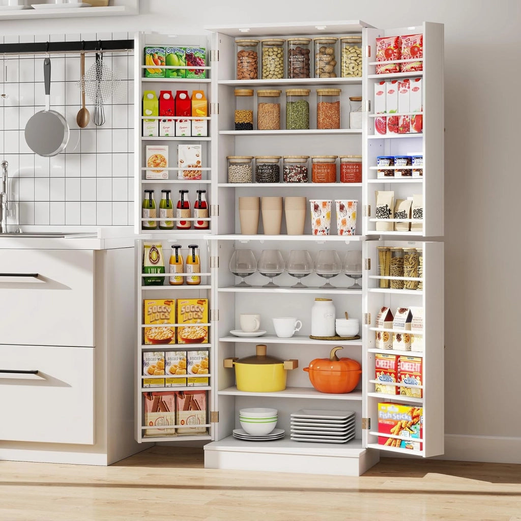 Armadio da Cucina Alto a 8 Livelli, 60 x 35 x 166,5 cm, con 6 Ripiani Regolabili e Ante, Credenza Moderna per Sala da Pranzo e Soggiorno, Bianco