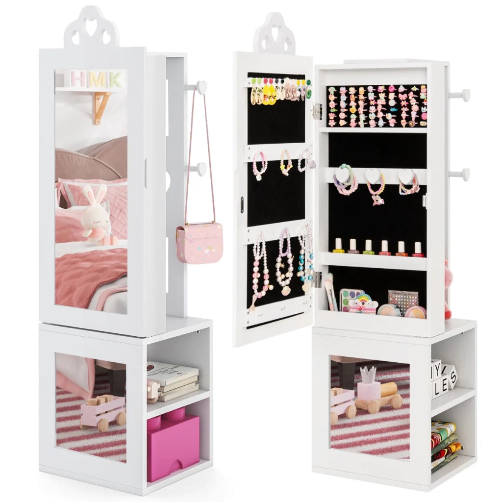 Mobiletto portagioie 3 in 1 con specchio a figura intera 34 x 30 x 117 cm design pratico atmosfera accogliente MDF bianco 20_0010314