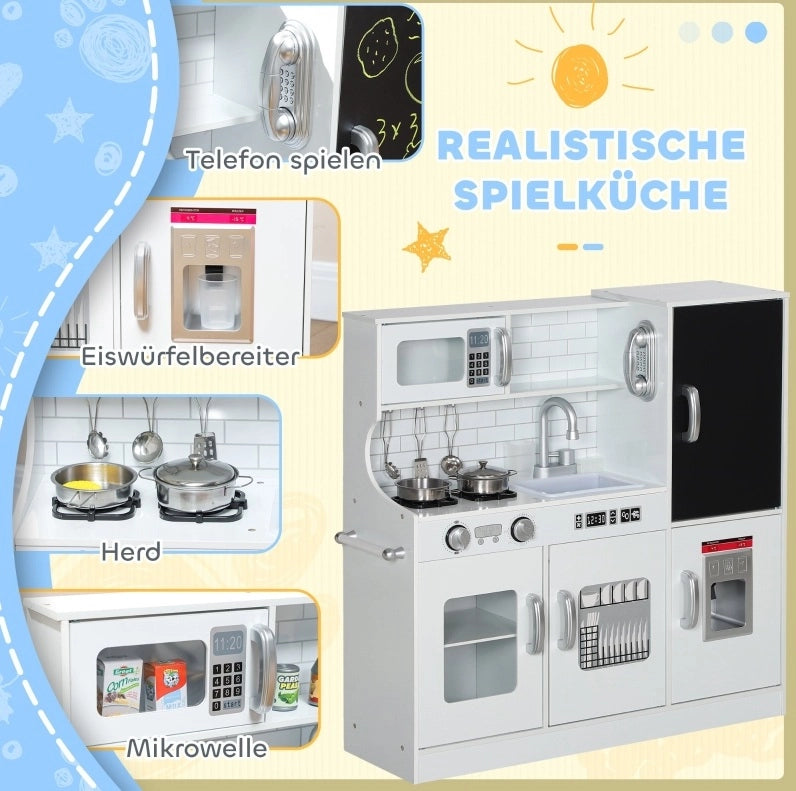 Cucina giocattolo in legno bianca con accessori e lavagna
