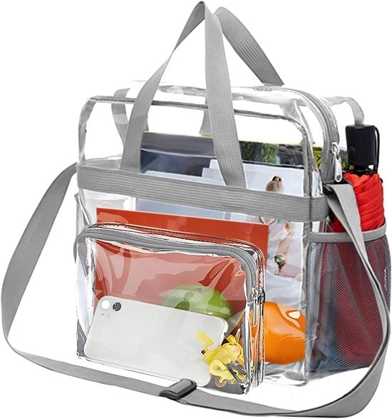 Borsa trasparente in PVC per lavoro, sport e concerti. Impermeabile con diverse tasche.