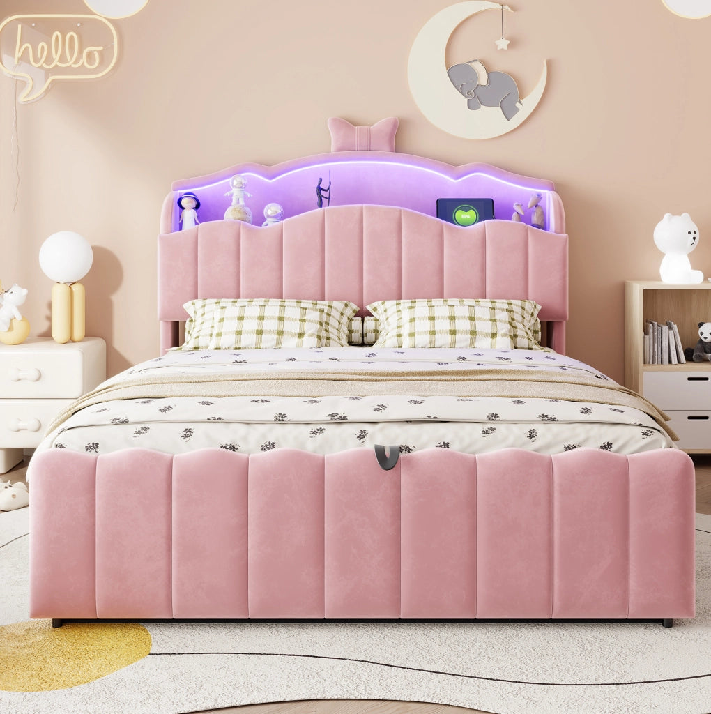 Letto imbottito rosa 140 x 200 cm con LED, ricarica USB e vano contenitore