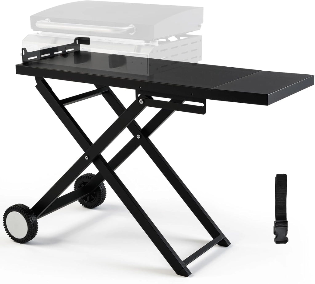 Carrello Barbecue Pieghevole con Ripiano Staccabile, 102x39cm Supporto Portatile con 2 Ruote, Tavolo Stabile per BBQ, per Esterno da Campeggio, Picnic e Giardino, Montaggio Facile, Nero