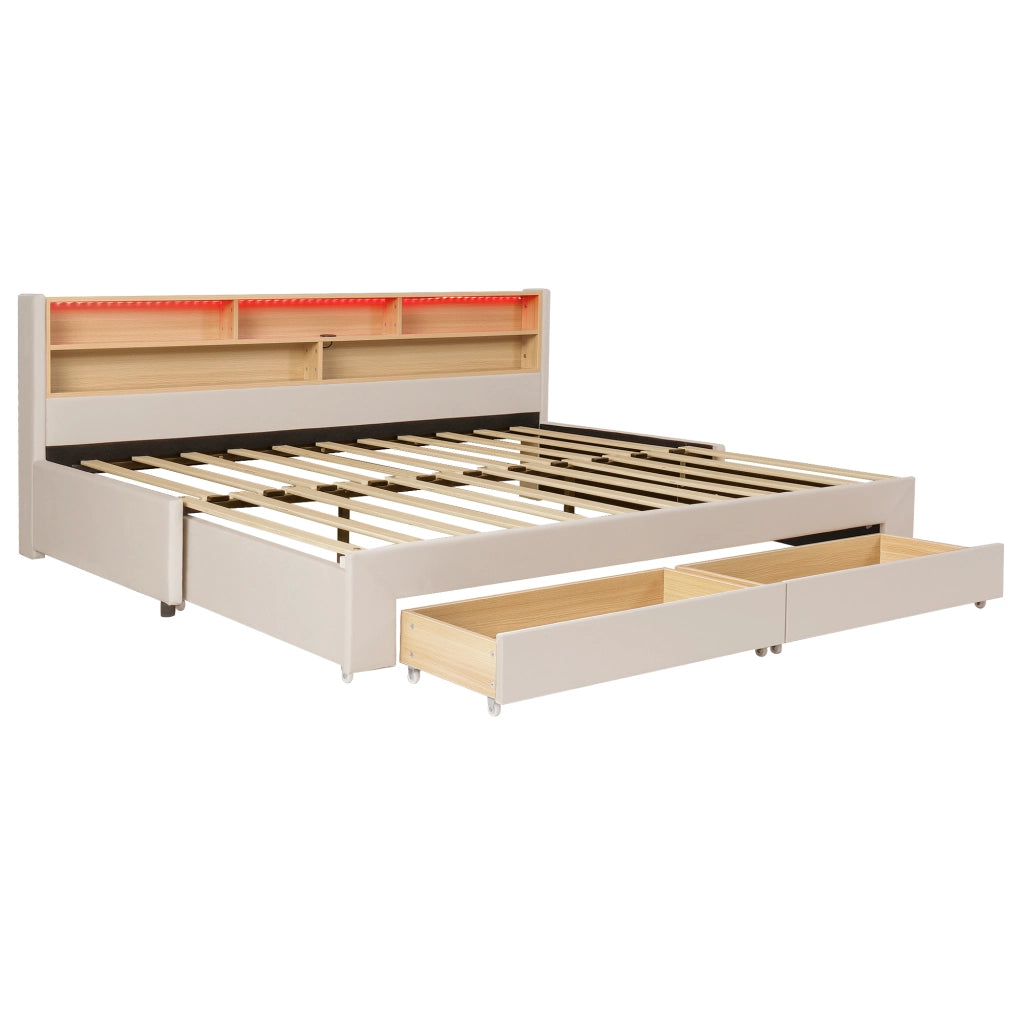 Letto a Divanetto 90x200 cm e 180x200 cm; USB; Type-C; LED; con Cassetti; Velluto Beige