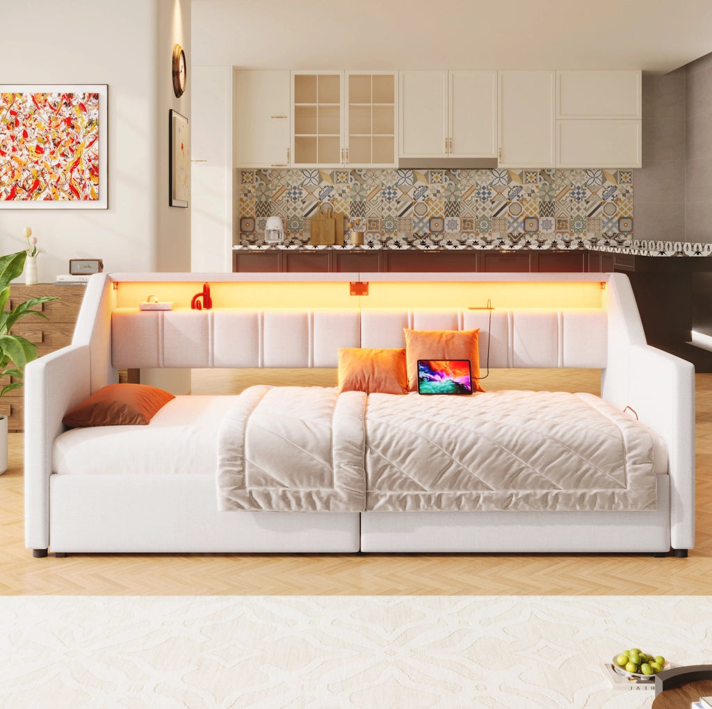 Letto 90x200 cm con USB; LED e cassetti in lino beige
