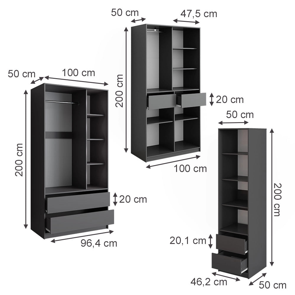 Armadio Elmo Antracite 100 x 200 cm 3 parti Vicco