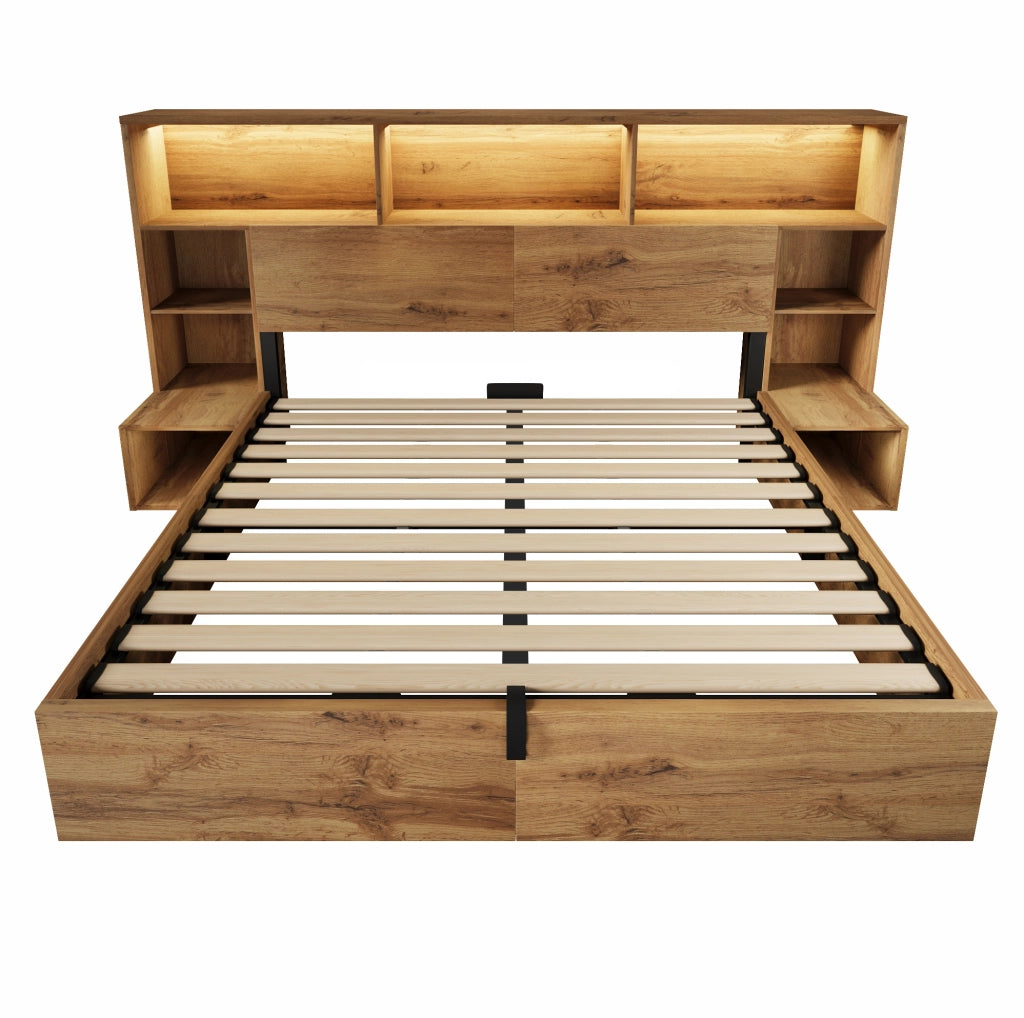 Letto matrimoniale contenitore 160x200 cm in effetto rovere; con LED; USB e materasso
