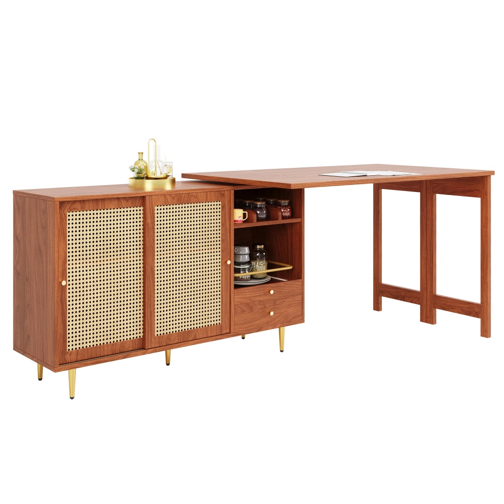 Tavolo da Pranzo Girevole 360¡ã con Ante Rattan e Ripiani ¨C Xylo ¨C Marrone, 107x40x71 cm