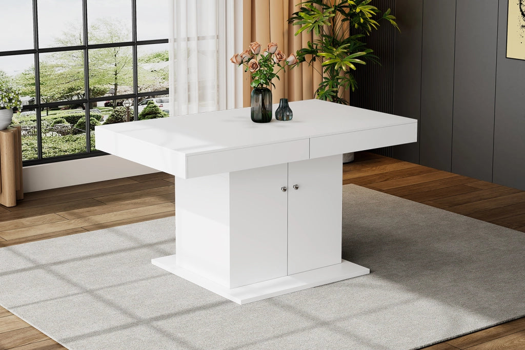 Tavolo da pranzo allungabile con contenitore, 140/180 cm, bianco, in truciolare e metallo
