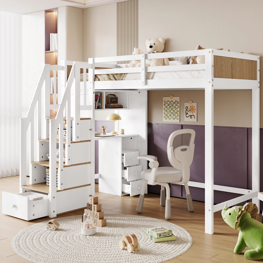 Letto a Castello 90x200 cm con Scrivania; 3 Cassetti; Scala Contenitore e Libreria