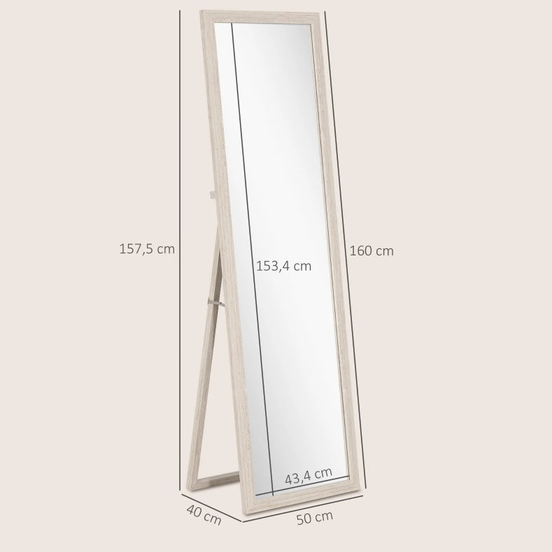 Specchio intero 160 x 50 cm con supporto pieghevole in vetro temperato bianco