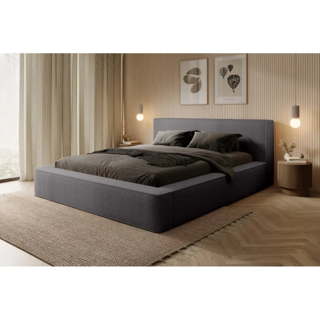 Letto contenitore VELORA – Grigio cenere bouclé – 140x200 cm – Tessuto velluto morbido – Rete sollevabile – Contenitore integrato