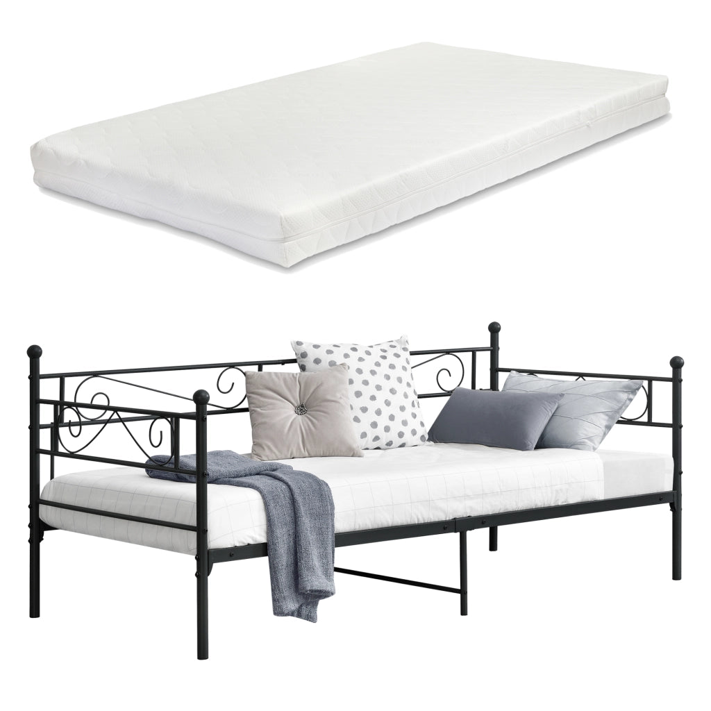 Divano Kerava in Acciaio Letto Singolo con Materasso a Schiuma Fredda 90 x 200 cm - Nero [en.casa]