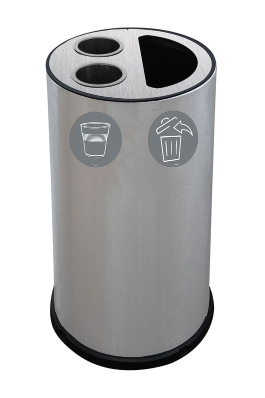Pattumiera a Bidone per Raccolta Differenziata Ø35x72 cm 2 Scomparti Tubolari e 1 Scomparto da 35 L in Acciaio Inox