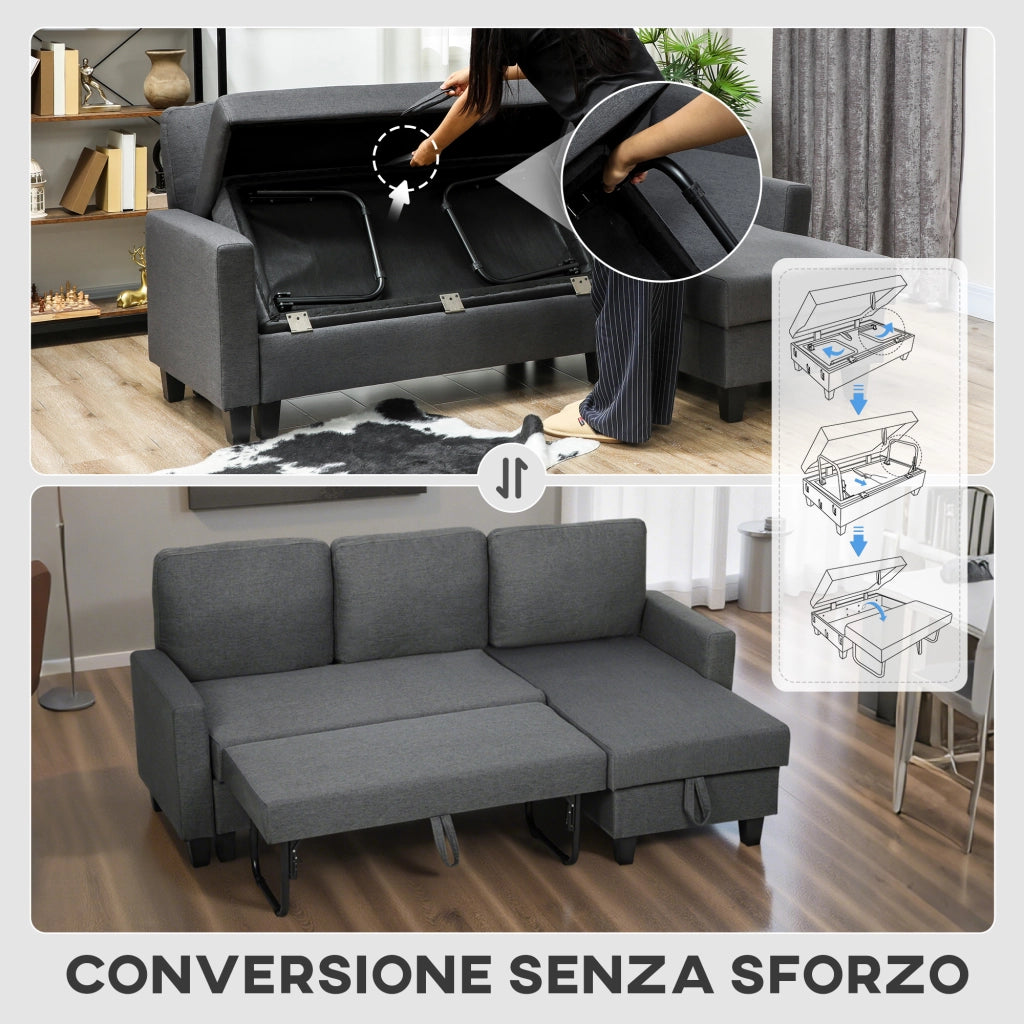 Divano Letto 3 Posti con Chaise e Contenitore ¨C Zephmum ¨C Tessuto Grigio 197x129x85 cm