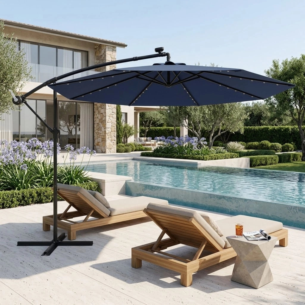 Ombrellone Decentrato Con Braccio Laterale Apertura A Manovella Telo Impermeabile UV30+ Camino Ventilazione Da Esterno 3 x 3 x 2.5 M Blu Navy