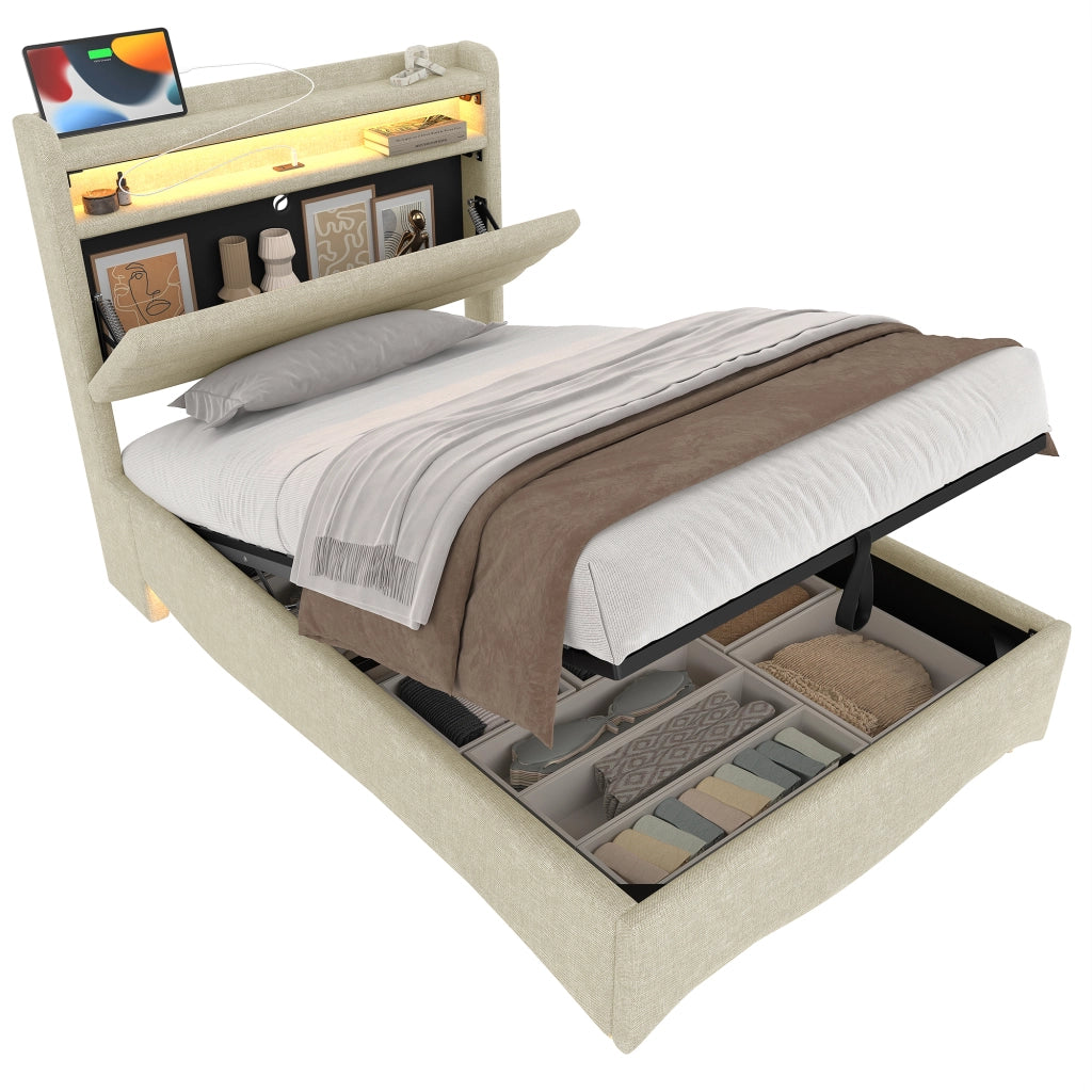 Letto imbottito 90x200 LED idraulico USB/Type-C lino beige