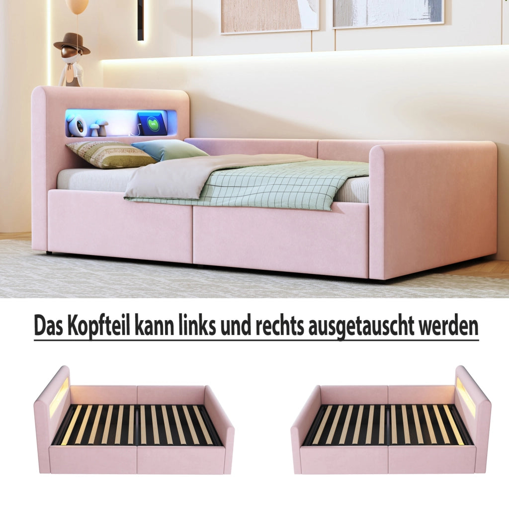 Letto imbottito per bambini 90x200 cm in velluto rosa con LED; luce notturna; USB e contenitore