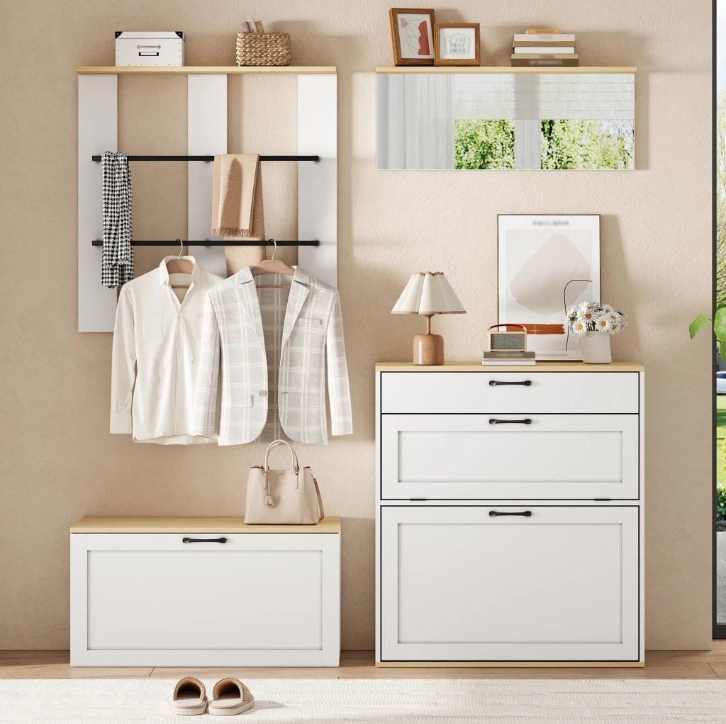 Set guardaroba modulare bianco e legno naturale con scarpiera, specchio e panca