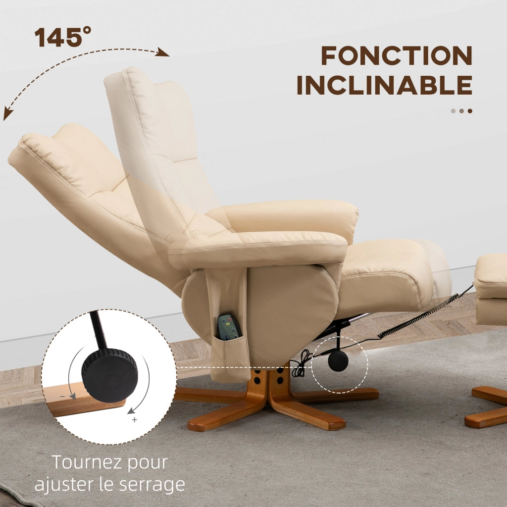 Poltrona Massaggiante Reclinabile Girevole con Pouf ¨C Zephmum ¨C Cr¨¨me 80x86x99 cm
