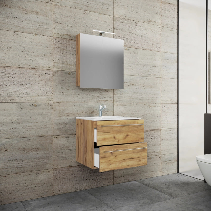 Completo di Ezooza Mobile Sospeso con 2 cassetti Large con lavabo in ceramica di alta qualità e mobile specchio, Rovere miele ,