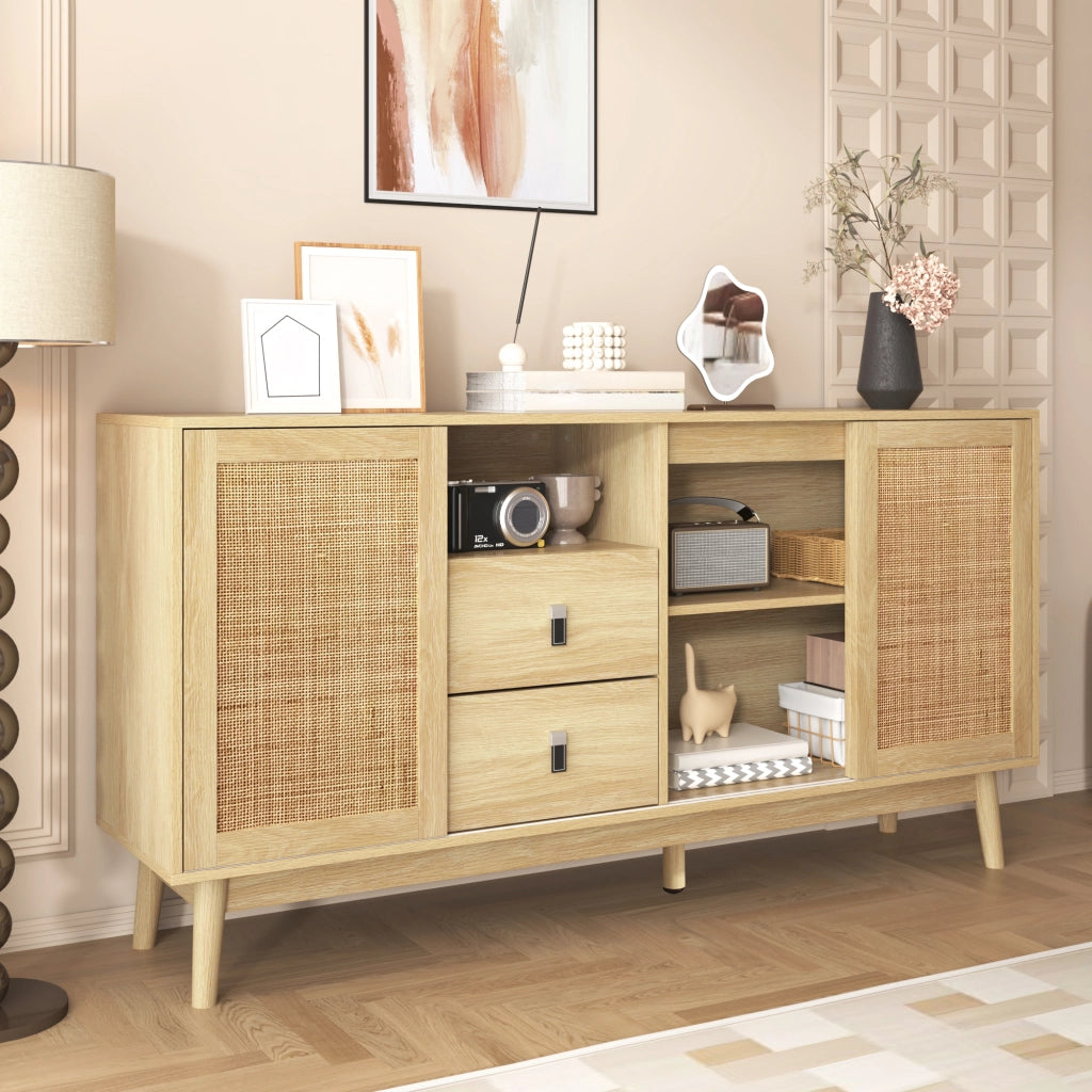Credenza con 3 Ante Scorrevoli in Rattan; 2 Cassetti; Piedi in Legno Massello; Stile Naturale; in MDF; 155??38??80 cm; Legno