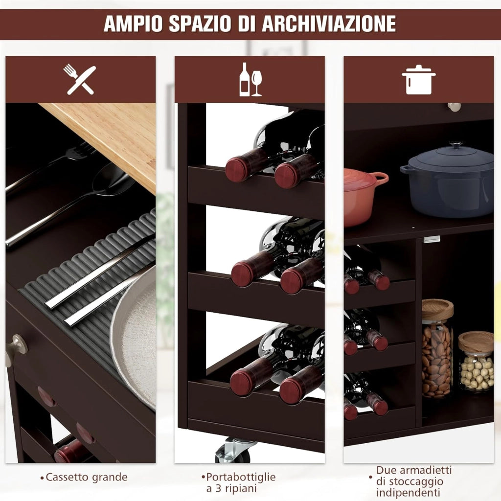 Carrello da Cucina, con Portabottiglie Tre Ante e Ruote, Credenza Cucina in Legno di Pino e MDF, Ideale per Soggiorno e Cucina, 67 x 37 x 86 cm (Marrone)