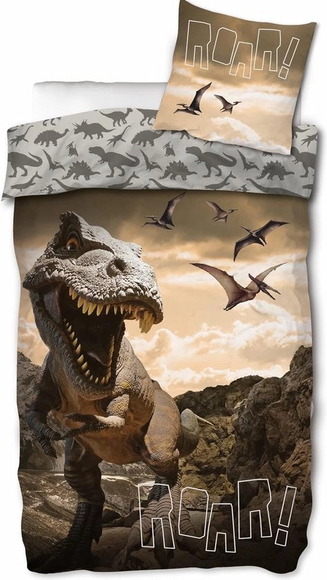Letto per bambini con tema dinosauro, letto per ragazzi omkeerbaar, 2 pezzi, 1x copripiuma, 1x cuscino, certificato Oeko-Tex.